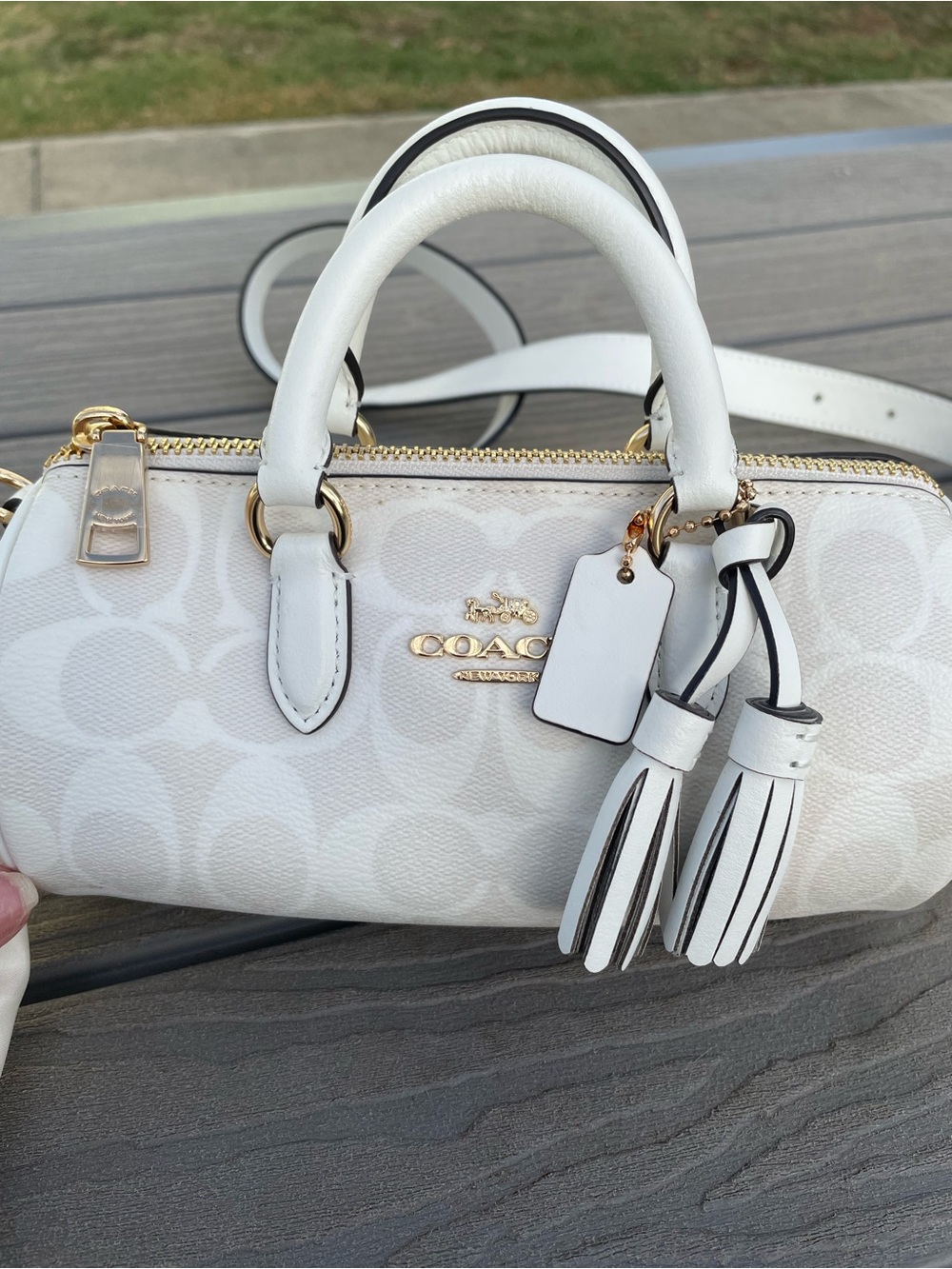 Coach White Mini Barrel Bag with Tassel Charm
